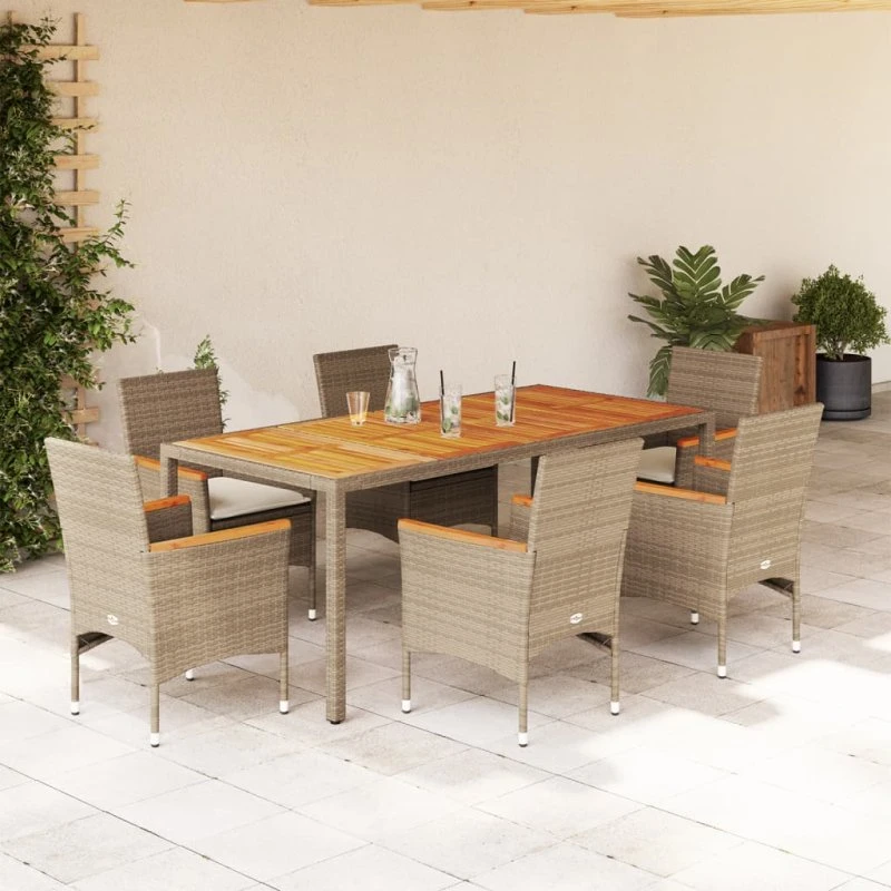Havemøbelsæt 7 dele i polyrattan med hynder, akacie/beige