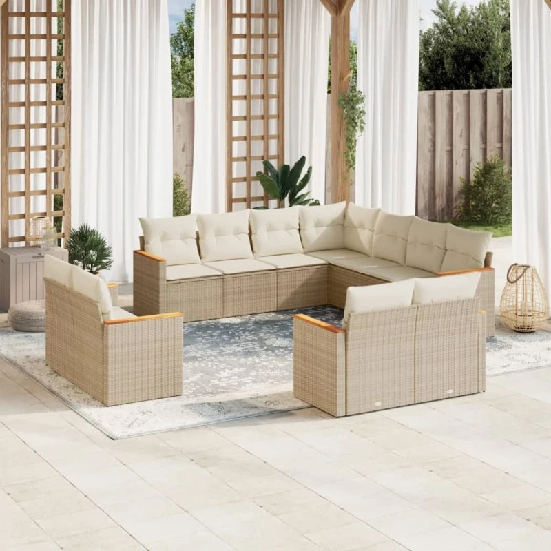 Havesofasæt 11 dele i polyrattan med hynder, beige