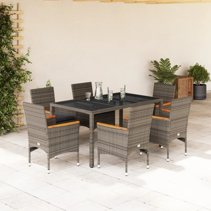 Havemøbelsæt 7 dele i polyrattan med hynder og glas, grå