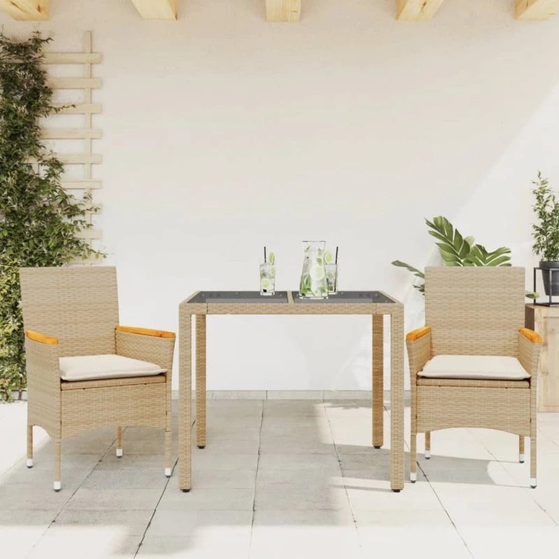 Spisebordssæt i polyrattan 3 dele med hynder og glas