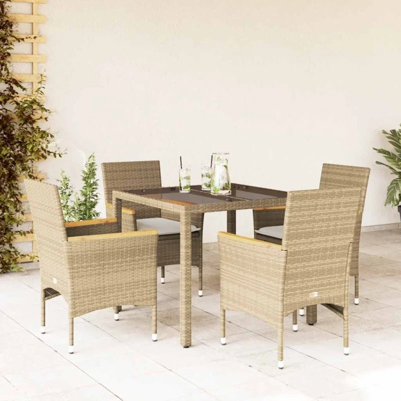 Spisebordssæt til haven 5 dele i polyrattan med hynder & glas