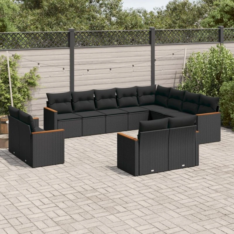 Havesofasæt 12 dele i polyrattan med hynder - sort