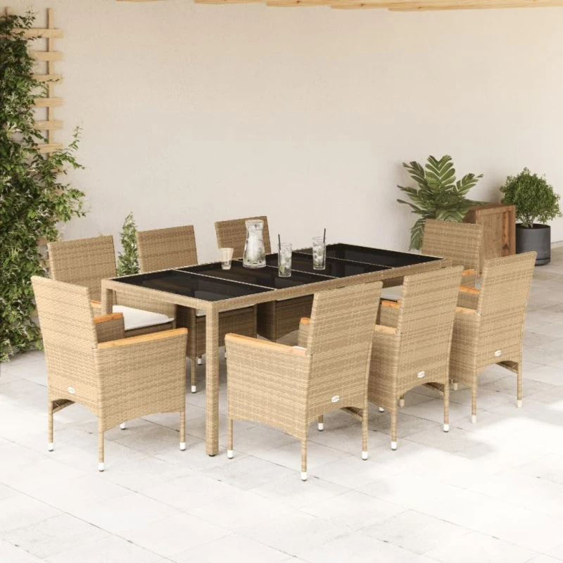 Havesæt 9 dele i polyrattan med hynder og glas