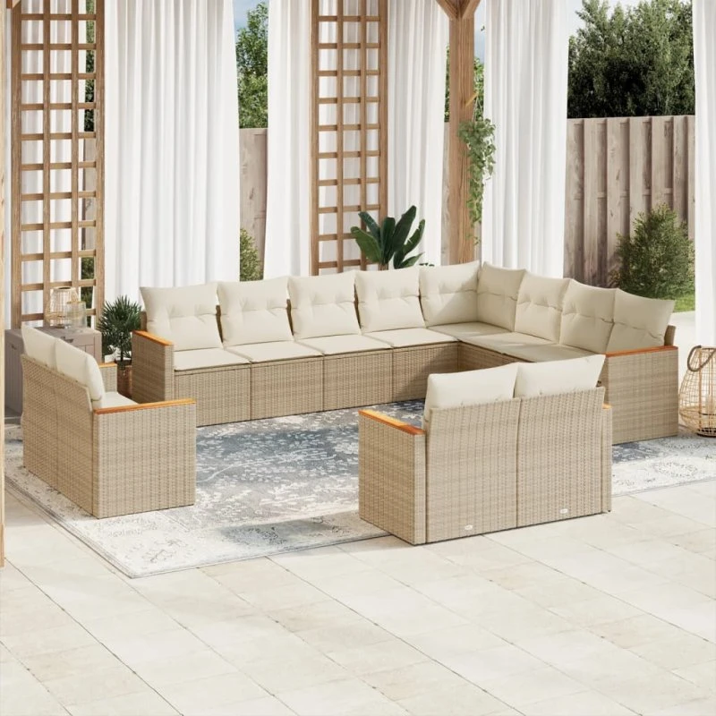 Havesofasæt 12 dele i polyrattan med hynder - beige