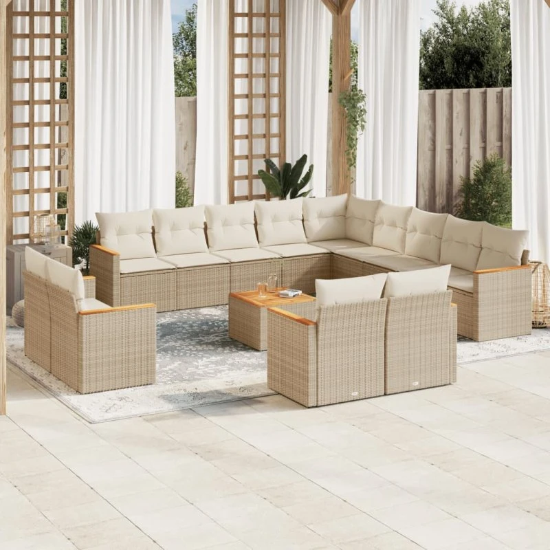 Havesofasæt 14 dele i polyrattan med hynder – Beige