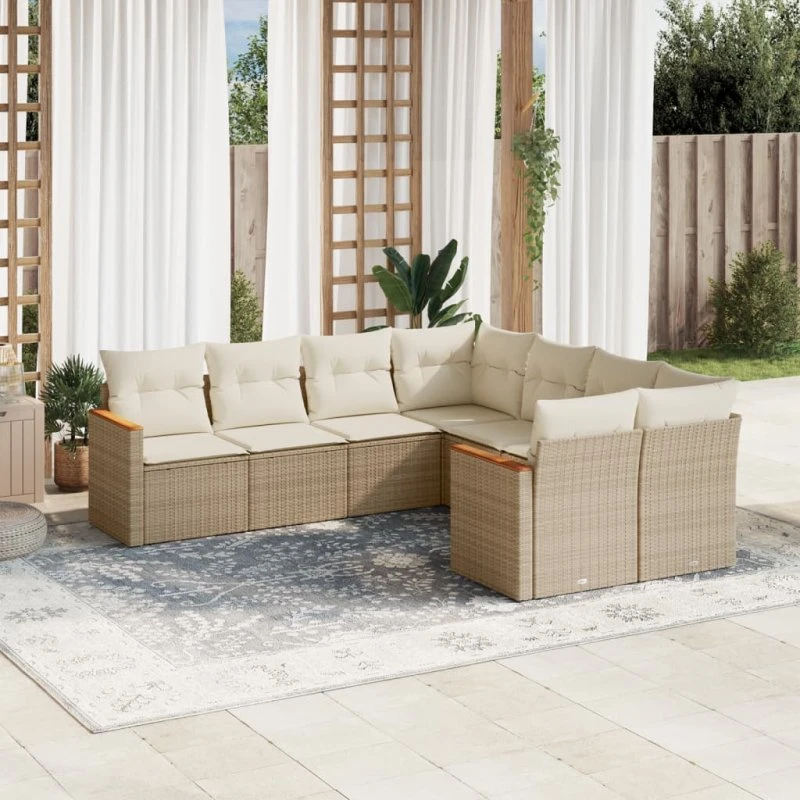 Havesofasæt 8 dele i polyrattan med hynder, beige