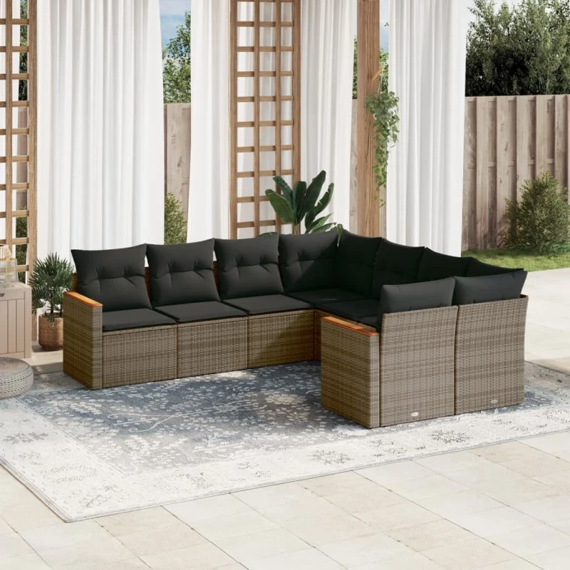 Havesofasæt 8 dele i polyrattan med hynder, grå