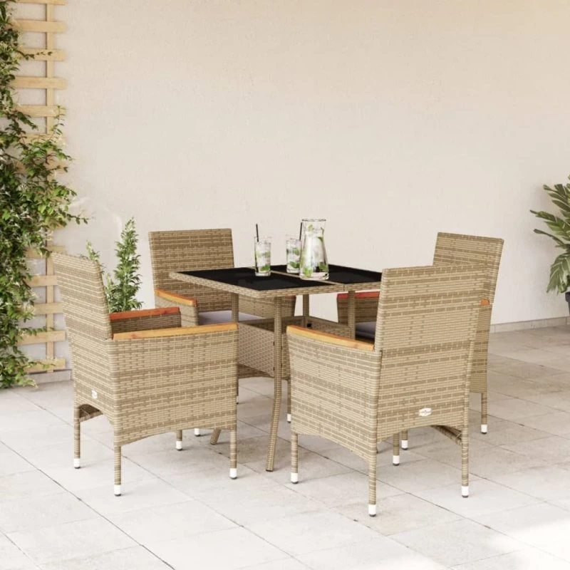 Spisebordssæt til haven 5 dele i polyrattan med hynder og glas