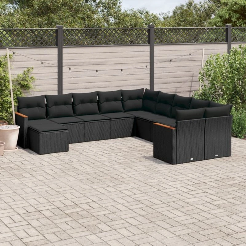 Polyrattan sofasæt til haven 11 dele sort inkl. hynder