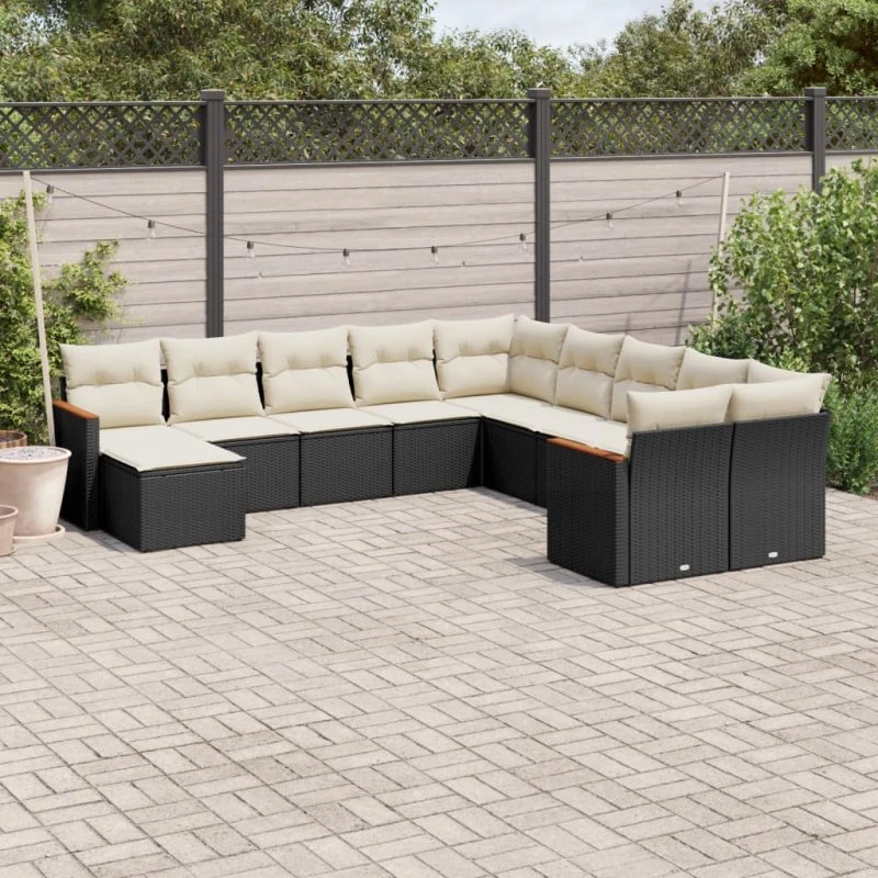 Havesofasæt 11 dele i polyrattan - sort med hynder