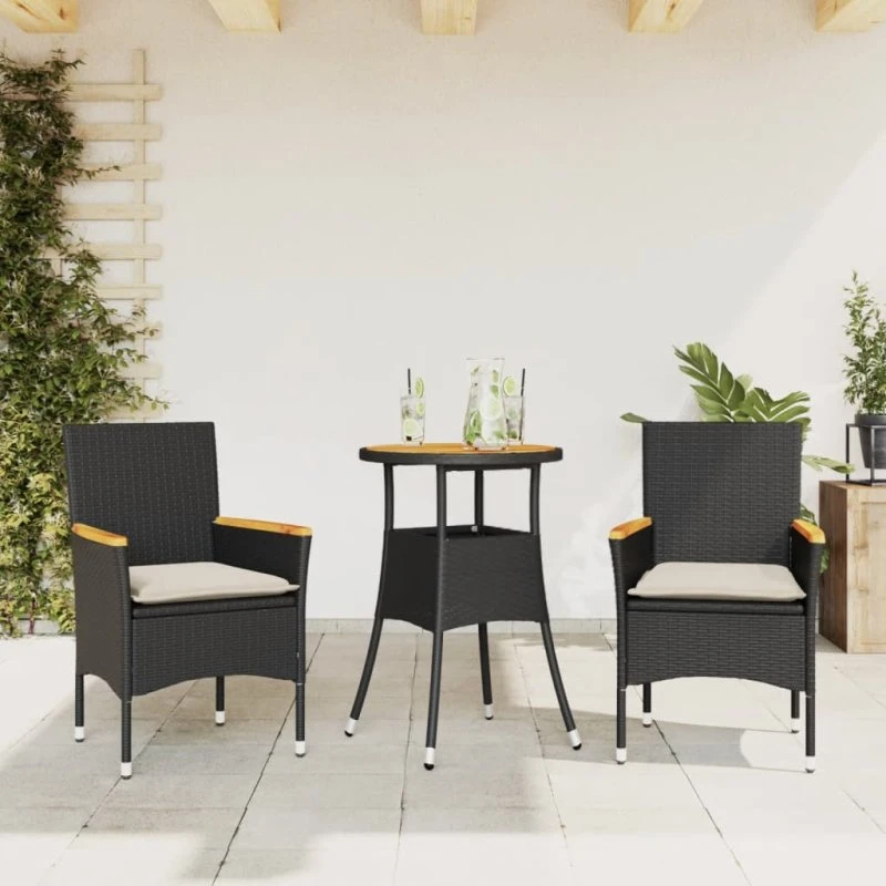 Havemøbelsæt 3 dele i sort polyrattan med hynder og glas