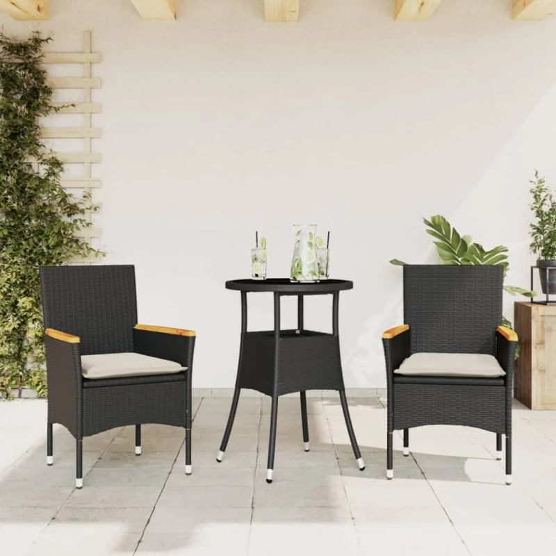 Havemøbelsæt 3 dele i polyrattan med hynder og glas - sort