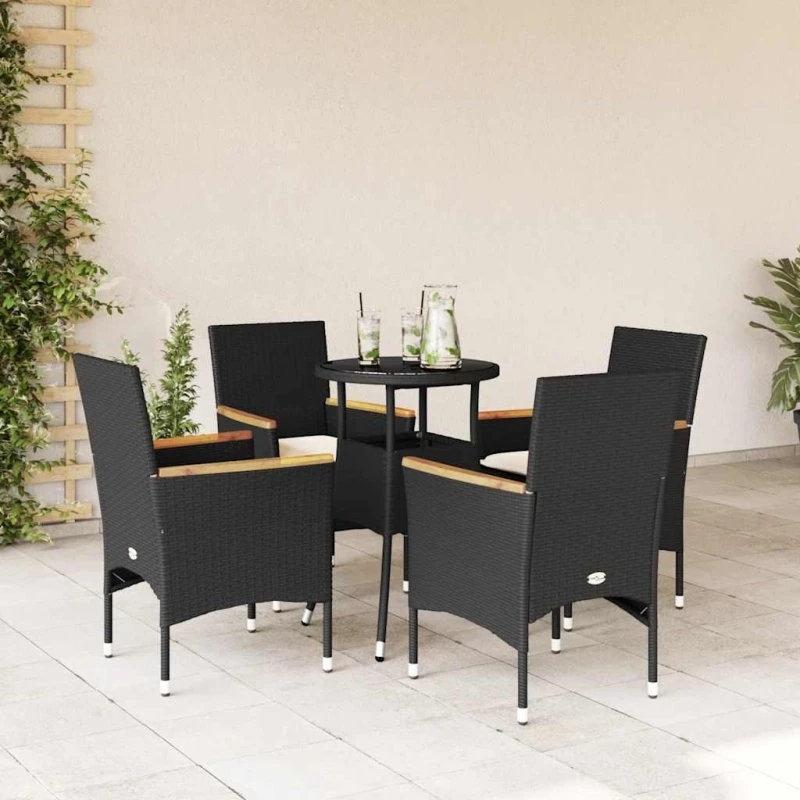 Havemøbelsæt 5 dele polyrattan med hynder & glas - sort
