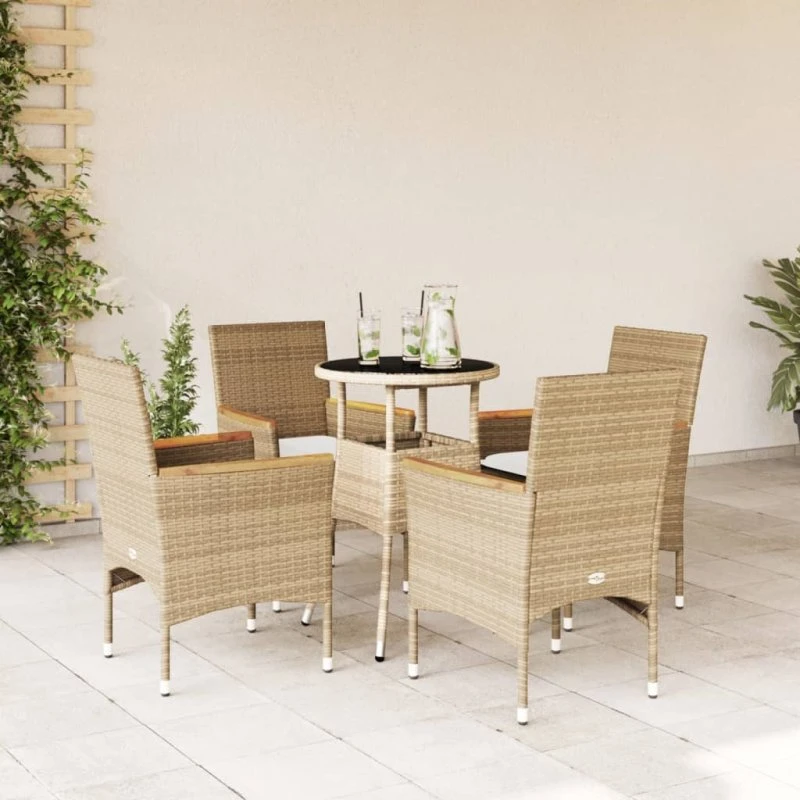 Havemøbelsæt 5 dele i polyrattan med hynder & glas