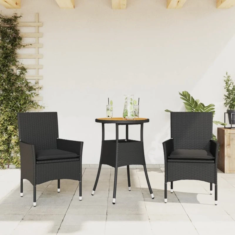 Havemøbelsæt 3 dele i sort polyrattan med hynder og glas