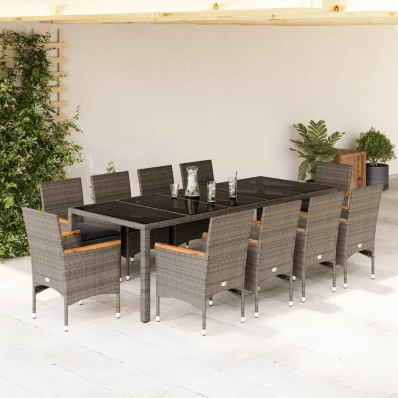 Havemøbelsæt 11 dele i polyrattan med hynder & glas, grå