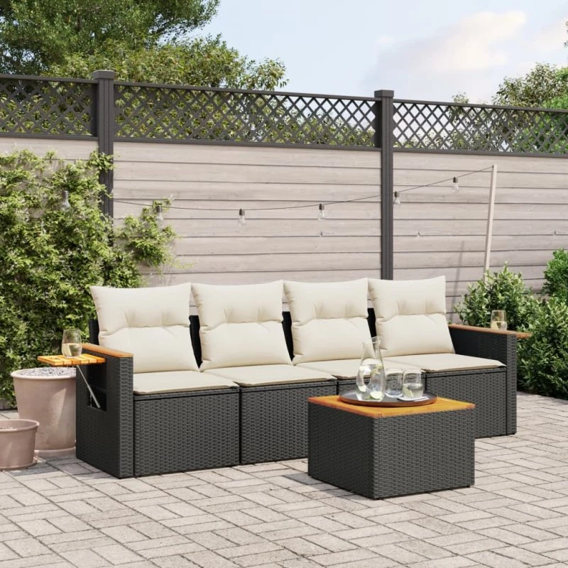 Havesofasæt 5 dele i polyrattan med hynder - sort