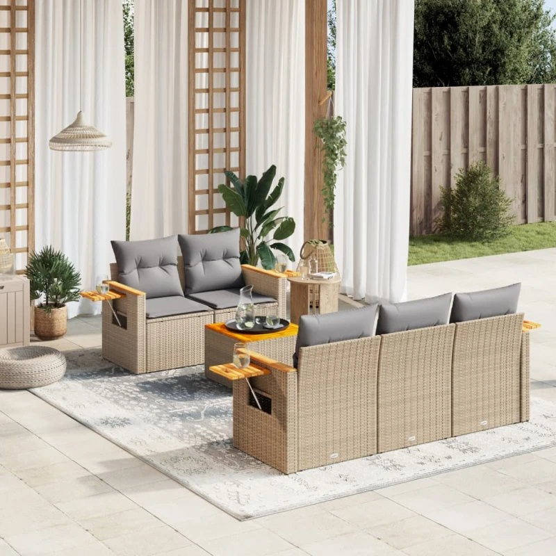 Sofasæt til haven 6 dele i polyrattan med hynder, beige