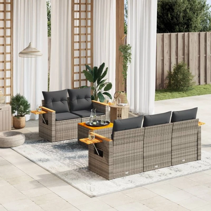 Sofasæt til haven 6 dele i grå polyrattan med hynder