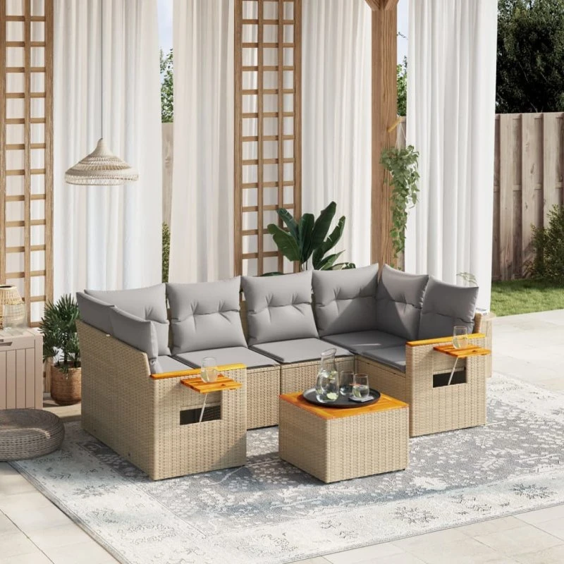 7-dele havemøbelsæt i polyrattan med hynder – beige
