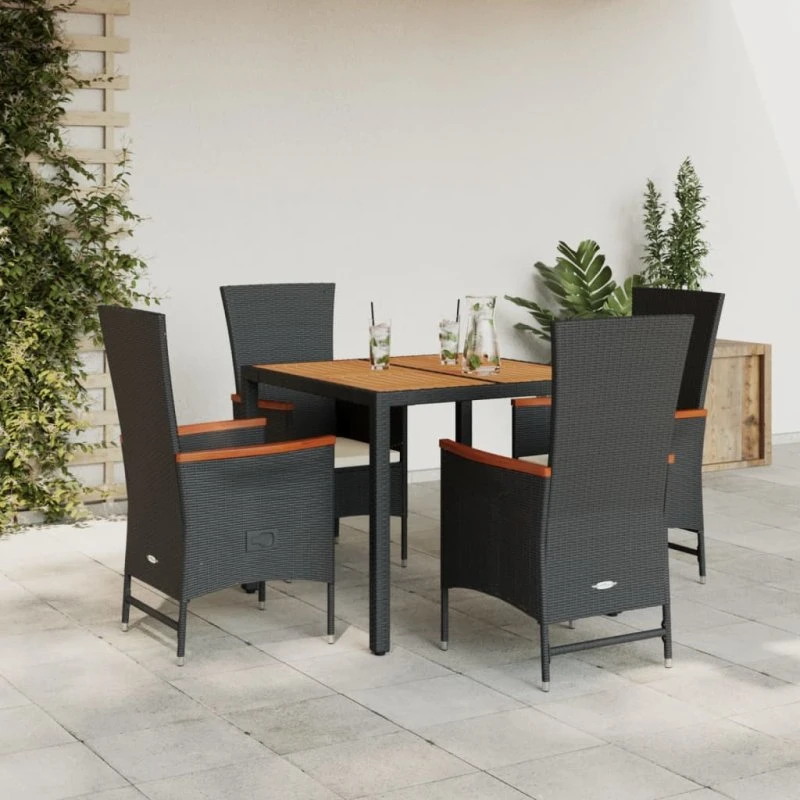 Spisebordssæt i sort polyrattan 5 dele med hynder