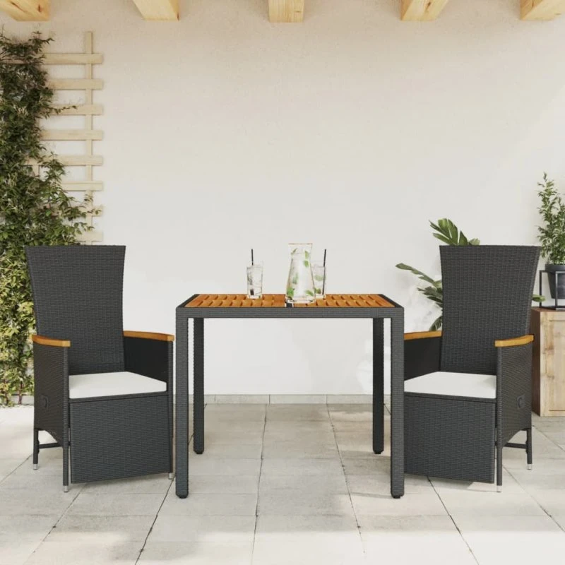 Spisebordssæt til haven 3 dele i polyrattan, sort