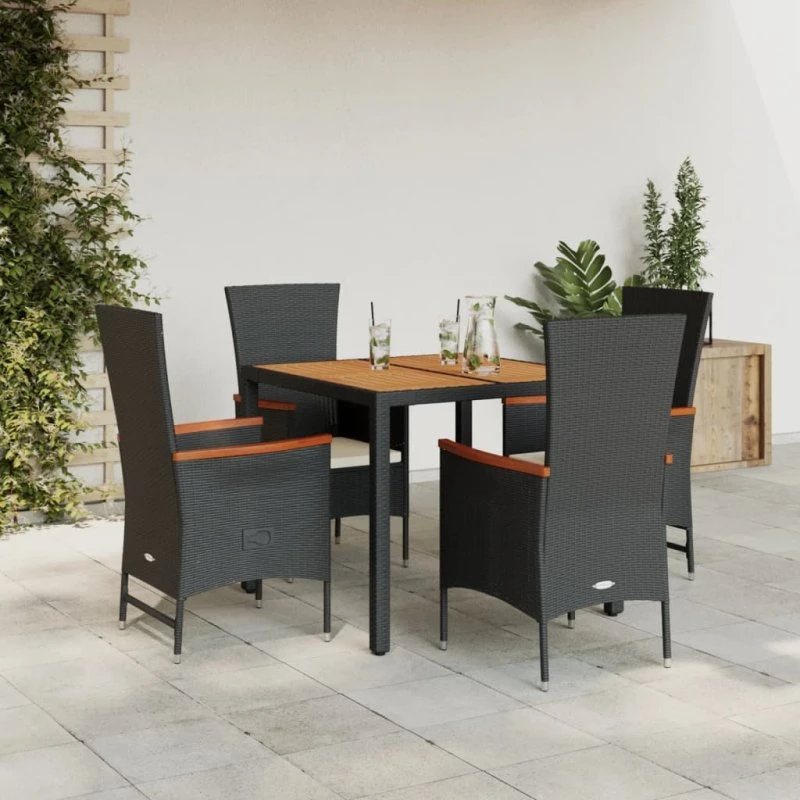 Spisebordssæt i polyrattan 5 dele med hynder, sort