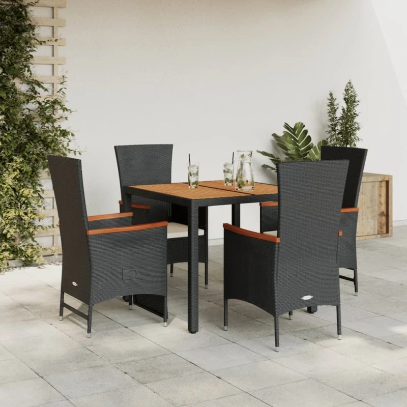 Spisebordssæt i polyrattan 5 dele med hynder - sort
