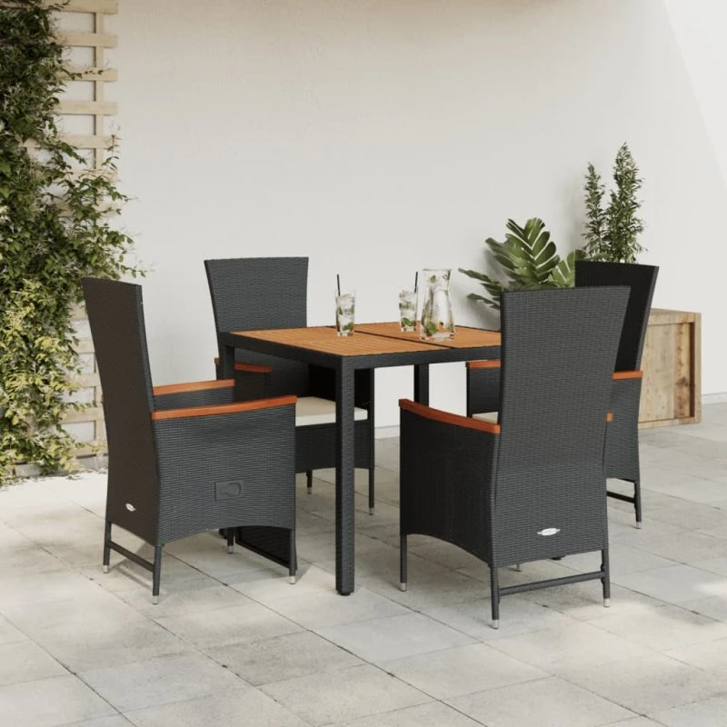 Spisebordssæt i polyrattan 5 dele – sort med hynder