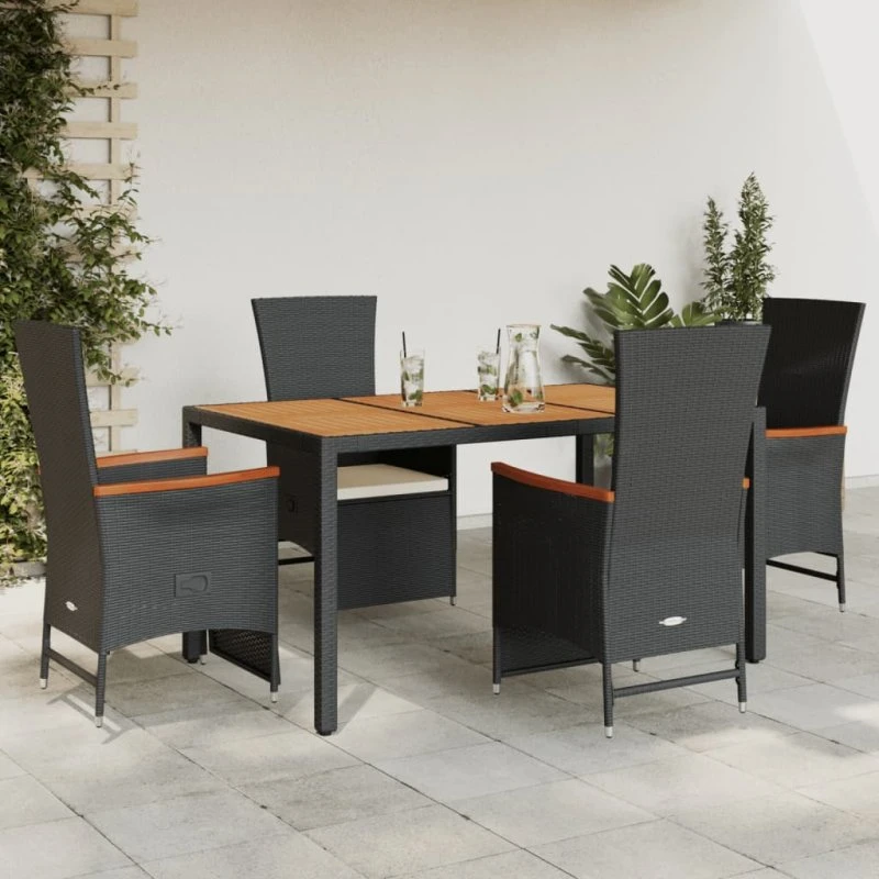Spisebordssæt 5 dele i sort polyrattan med hynder