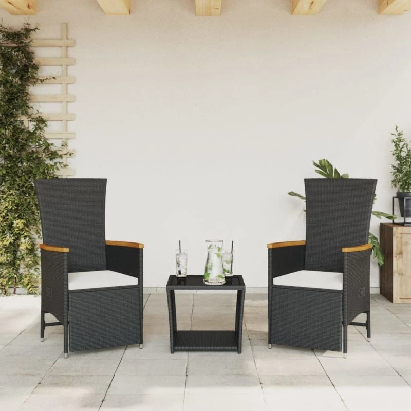 Spisebordssæt i polyrattan 3 dele med hynder – sort