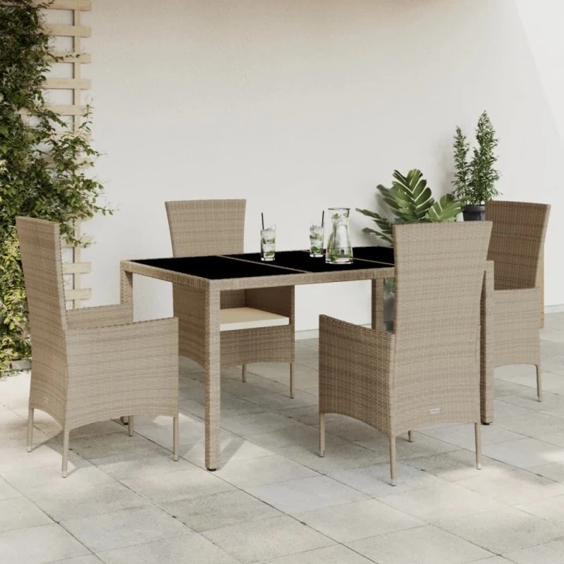 Spisebordssæt til haven 5 dele i polyrattan – beige