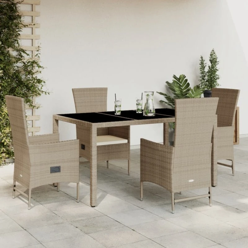 Havemøbelsæt 5 dele i beige polyrattan med hynder