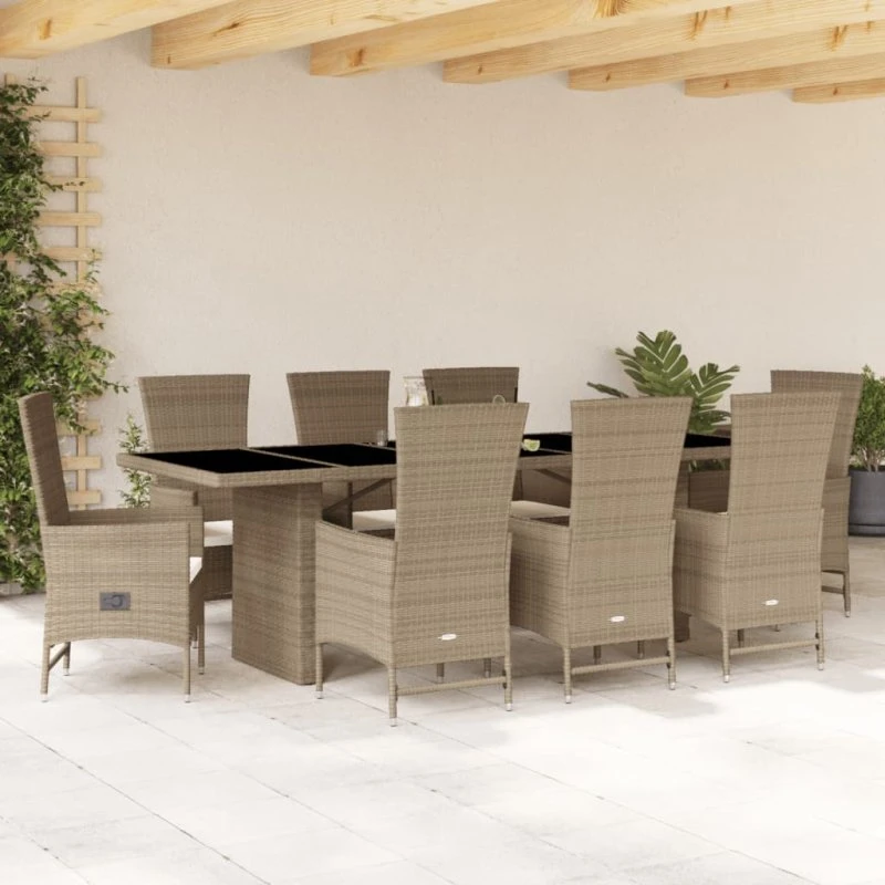 Spisebordssæt i polyrattan 9 dele med hynder – beige