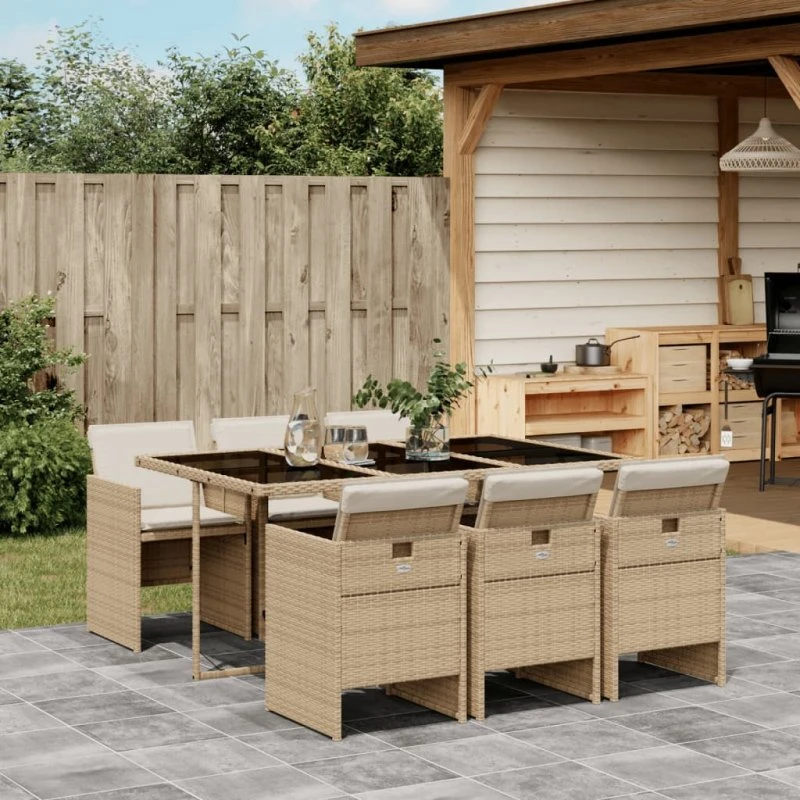 Havesæt 7 dele i beige polyrattan med hynder
