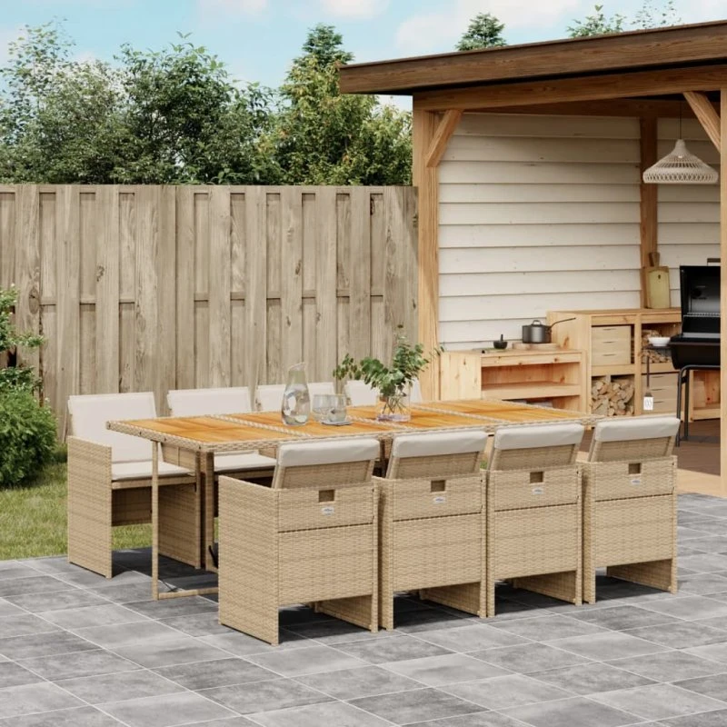 Spisebordssæt til haven 9 dele i beige polyrattan