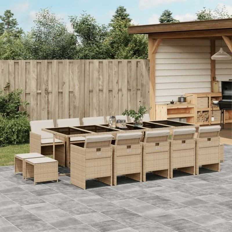 Spisebordssæt til haven 15 dele polyrattan beige