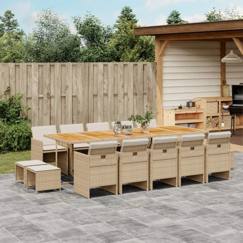 Havemøbelsæt 15 dele polyrattan beige med hynder