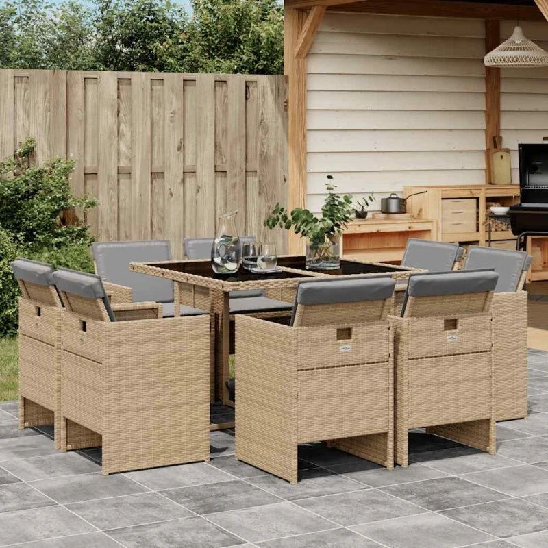 Spisebordssæt i polyrattan 9 dele med hynder, beige
