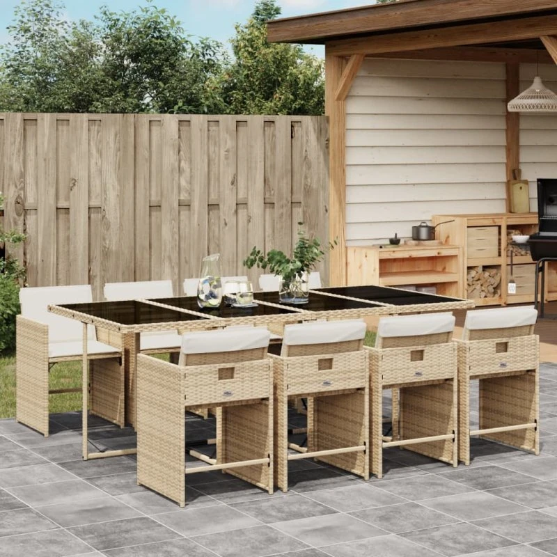 Spisebordssæt til haven 9 dele i beige polyrattan