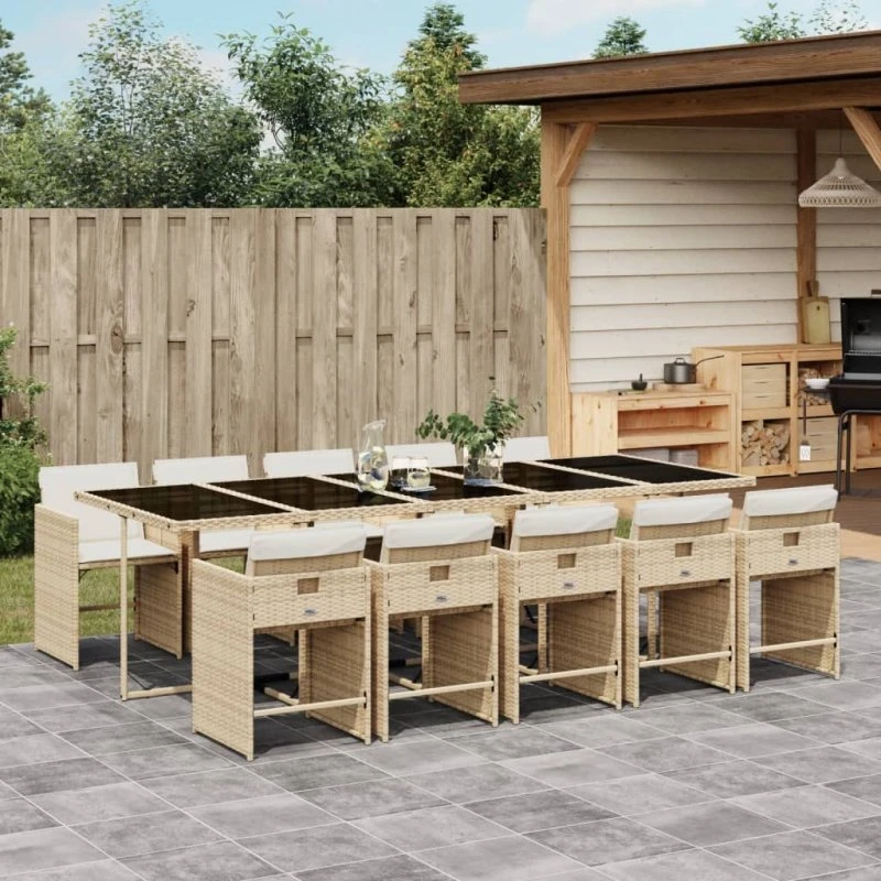 Spisebordssæt til haven 11 dele i polyrattan beige