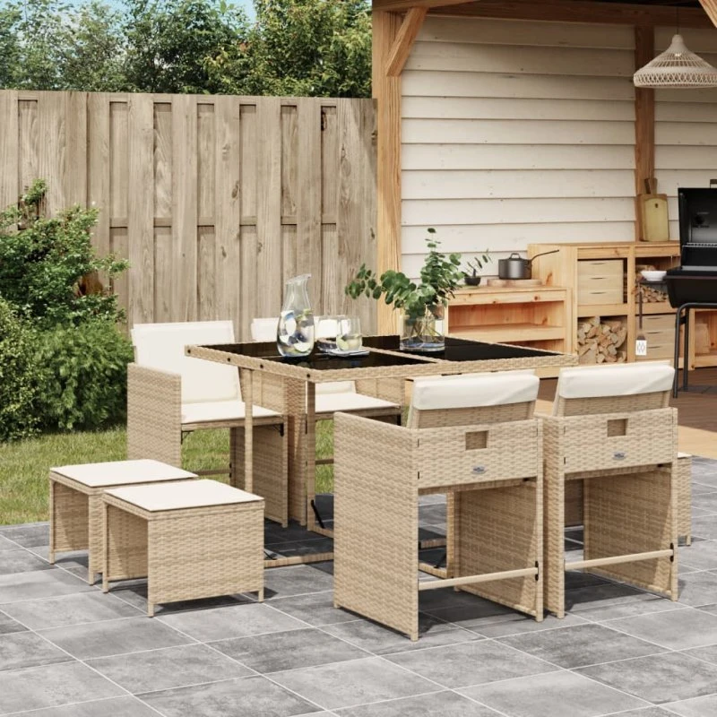 Spisebordssæt i polyrattan 9 dele med hynder - beige