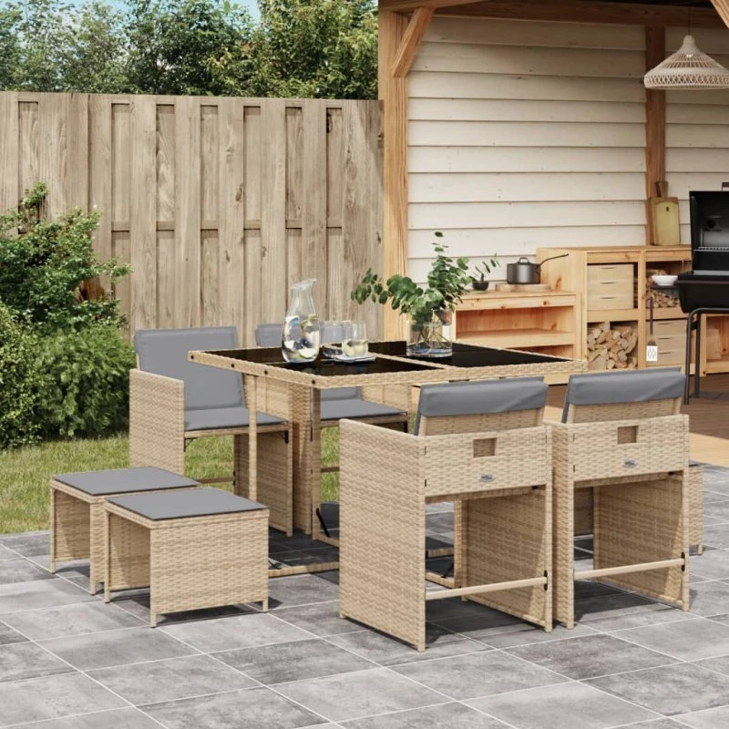 Spisebordssæt i polyrattan 9 dele med hynder - beige