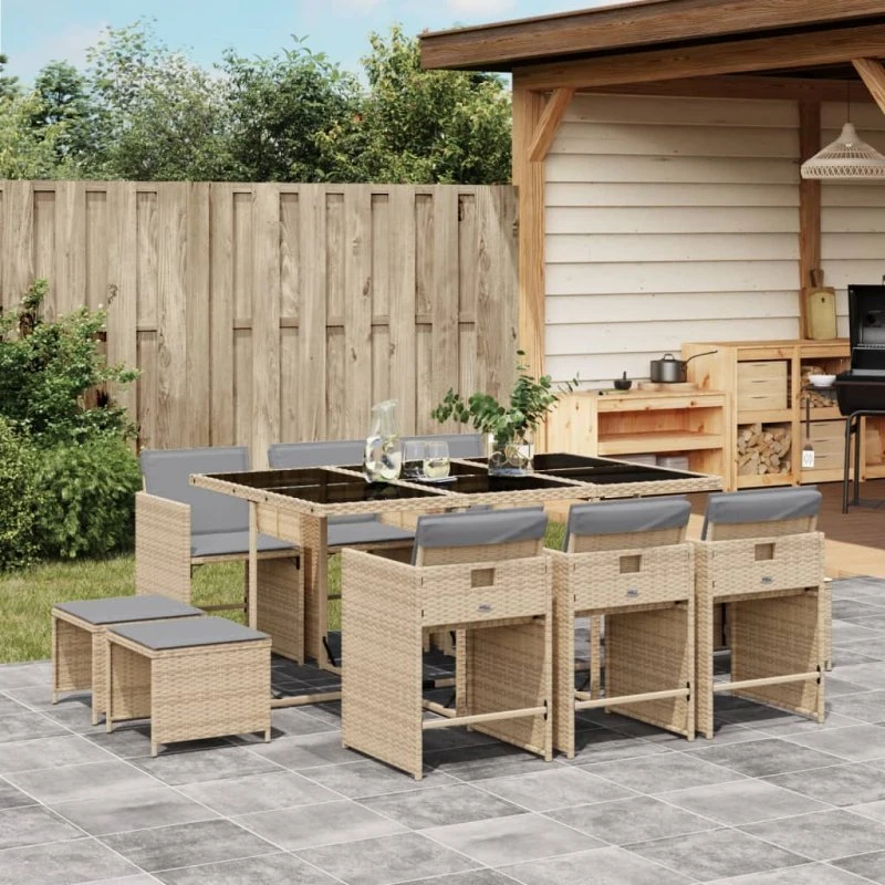 Spisebordssæt i polyrattan 11 dele beige med hynder