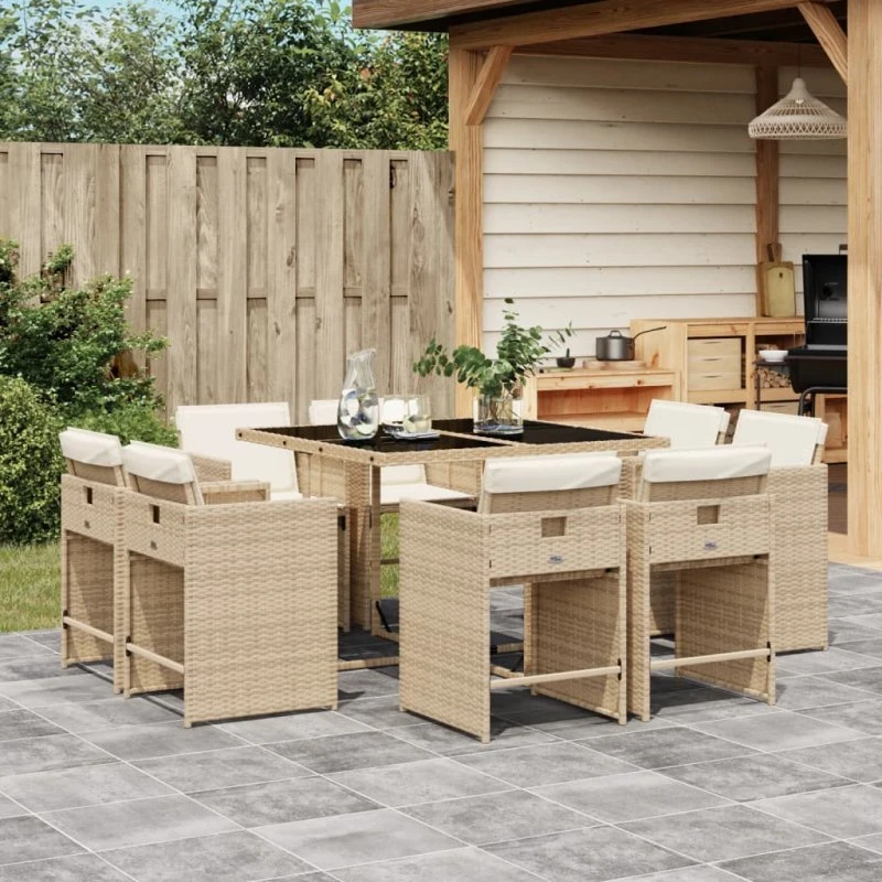 Havemøbelsæt 9 dele i polyrattan med hynder - beige