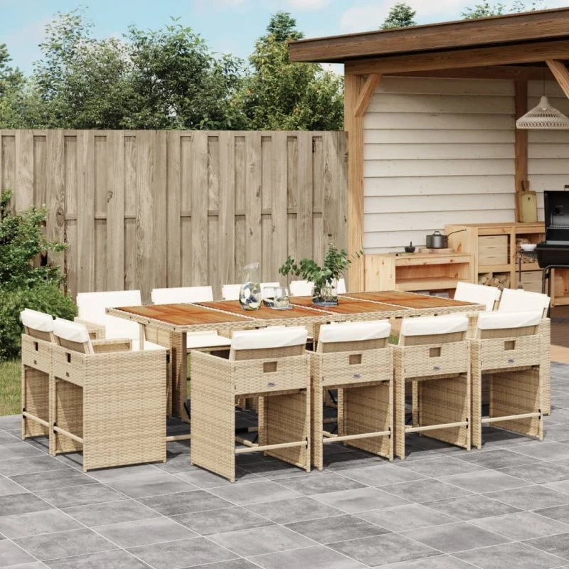 Spisebordssæt i polyrattan 13 dele med hynder - beige