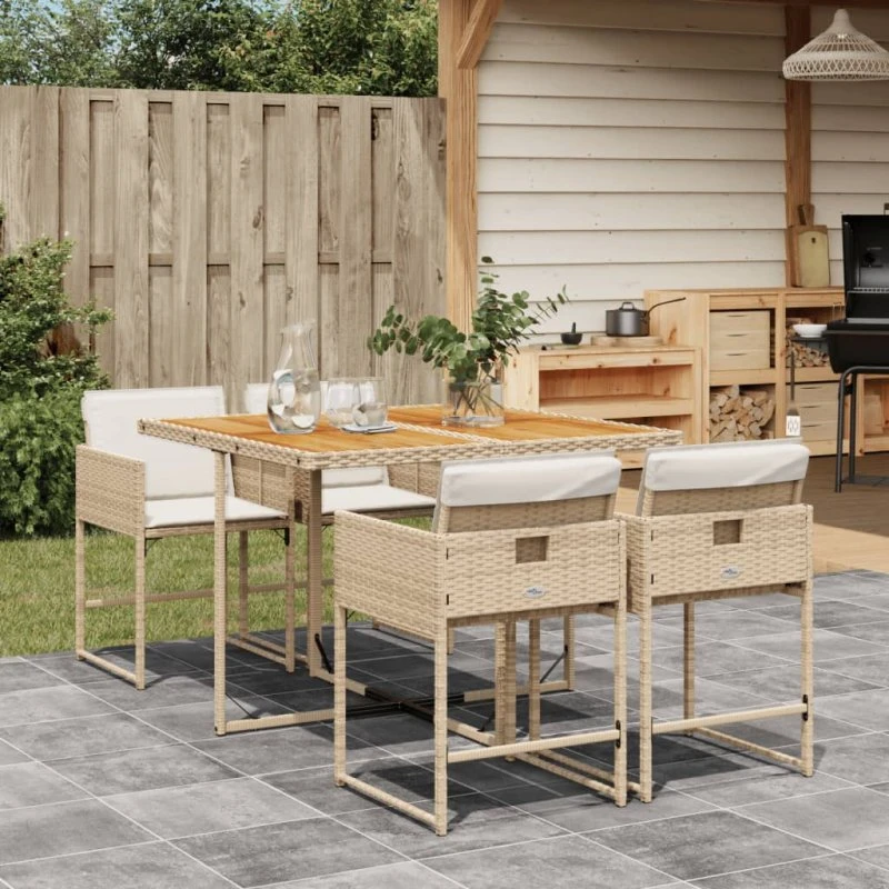 Spisebordssæt i polyrattan 5 dele med hynder - beige