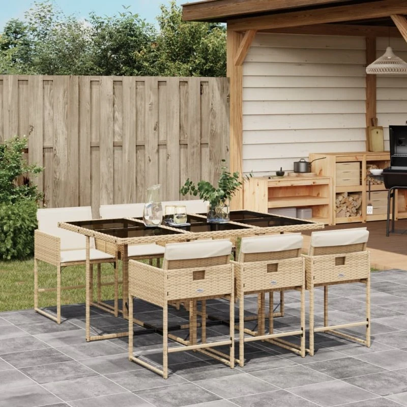 Spisebordssæt i polyrattan 7 dele med hynder - beige