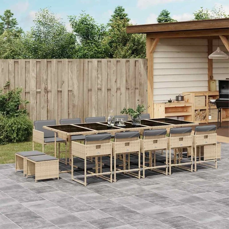Spisebordssæt i polyrattan 15 dele – beige