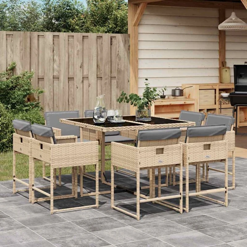 Havemøbelsæt 9 dele i polyrattan beige med hynder